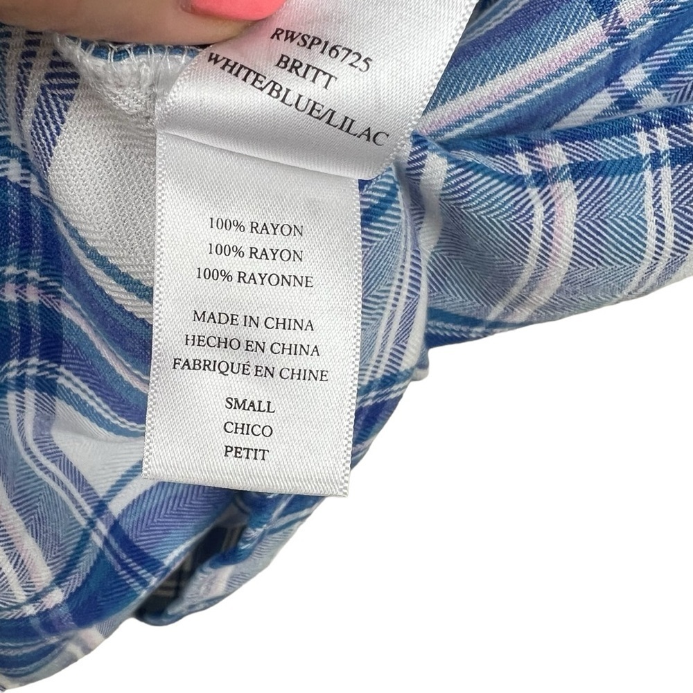Rails Britt Cap Sleeve Plaid Button Down Shirt White/Blue/Lilac S Rayon - Picture 3 of 6